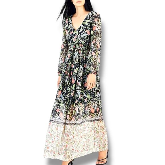 NWT INC Size 2 Black Floral Tie-Waist V-Neck Maxi Dress Peasant Cottagecore - Picture 1 of 7